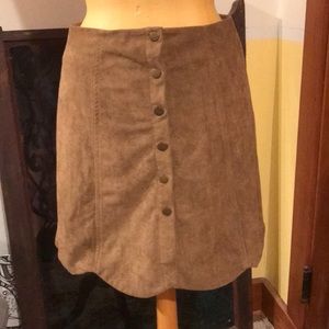 Tan, suede, button-down, mini/mid-length skirt